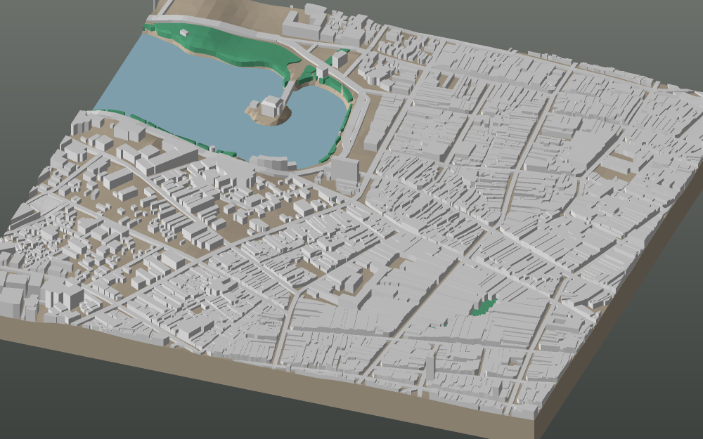 A 3D-printable model plate of Hanoi — the Old Quarter — with its buildings, streets, water and terrain.