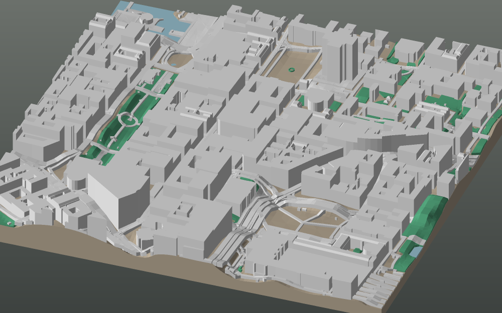 A 3D-printable model plate of Helsinki — Kluuvi — with its buildings, streets, water and terrain.