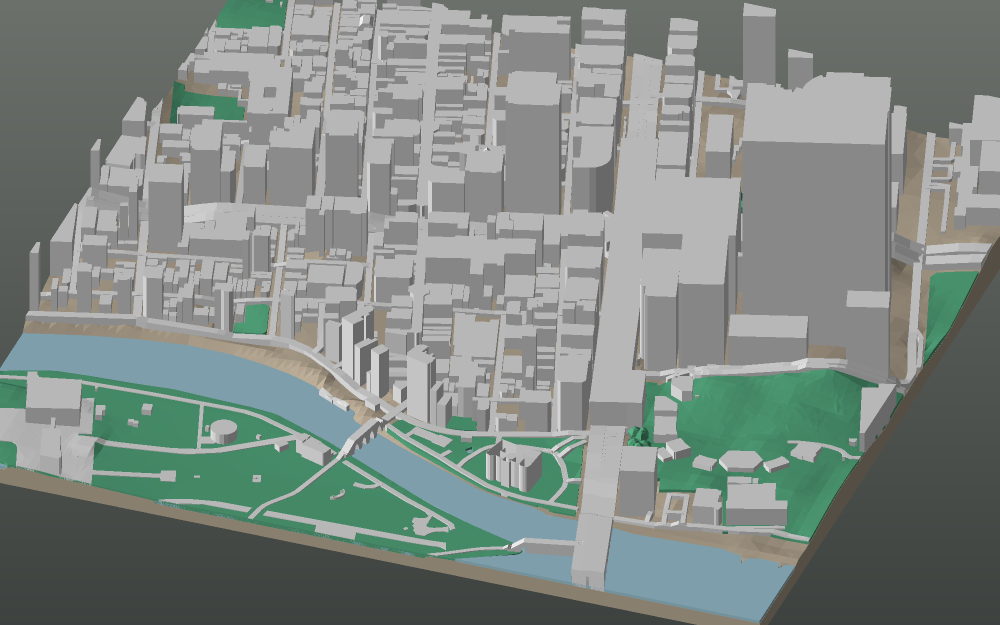 A 3D-printable model plate of Hiroshima — Naka — with its buildings, streets, water and terrain.