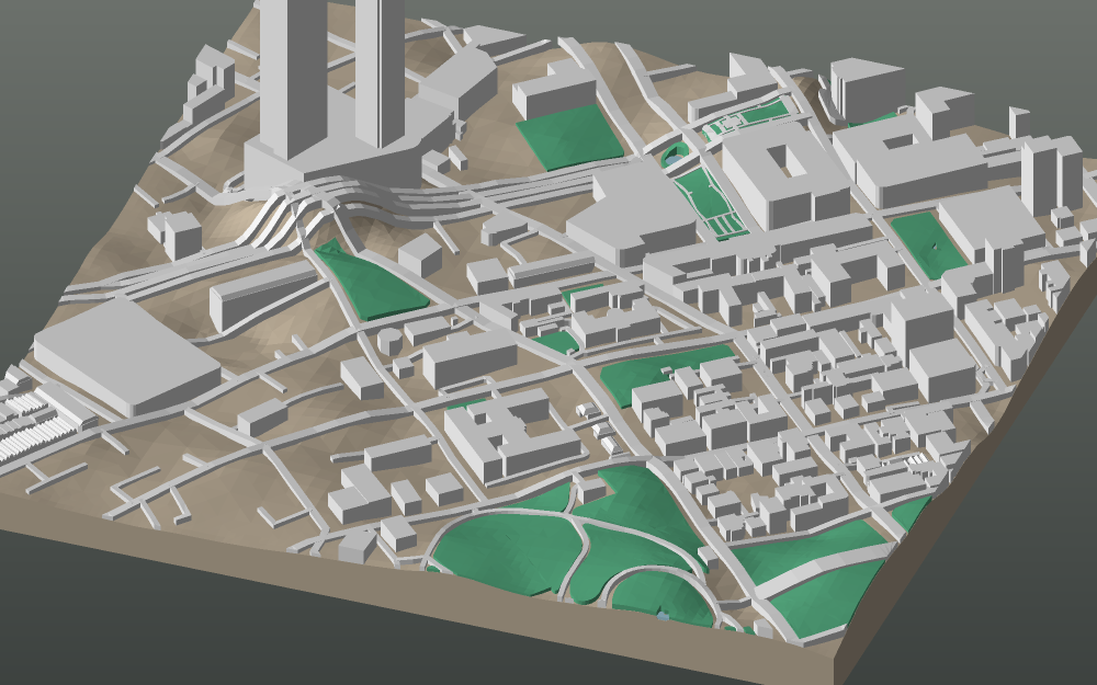 A 3D-printable model plate of Ho Chi Minh City — District 1 — with its buildings, streets, water and terrain.