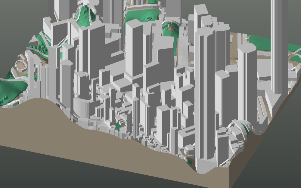 A 3D-printable model plate of Hong Kong — Central — with its buildings, streets, water and terrain.