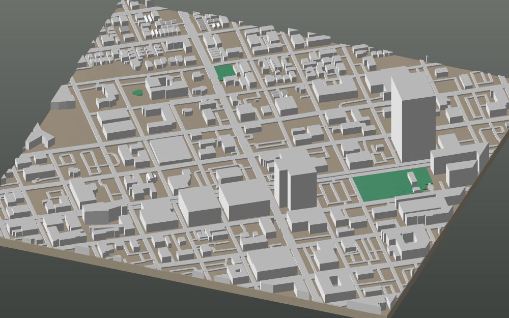 A 3D-printable model plate of Houston — Midtown — with its buildings, streets, water and terrain.