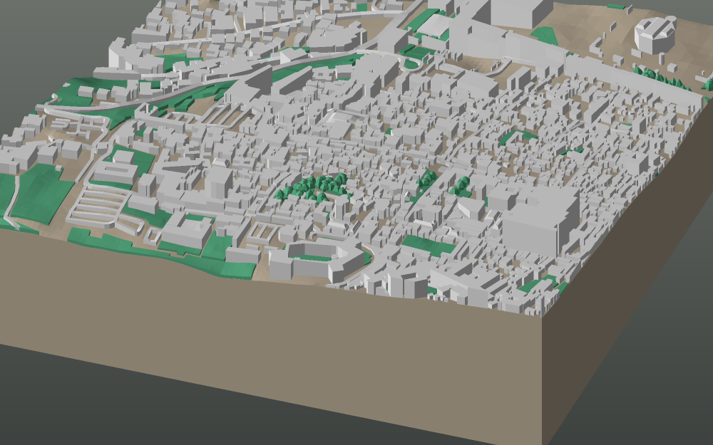A 3D-printable model plate of Jerusalem — the Old City — with its buildings, streets, water and terrain.