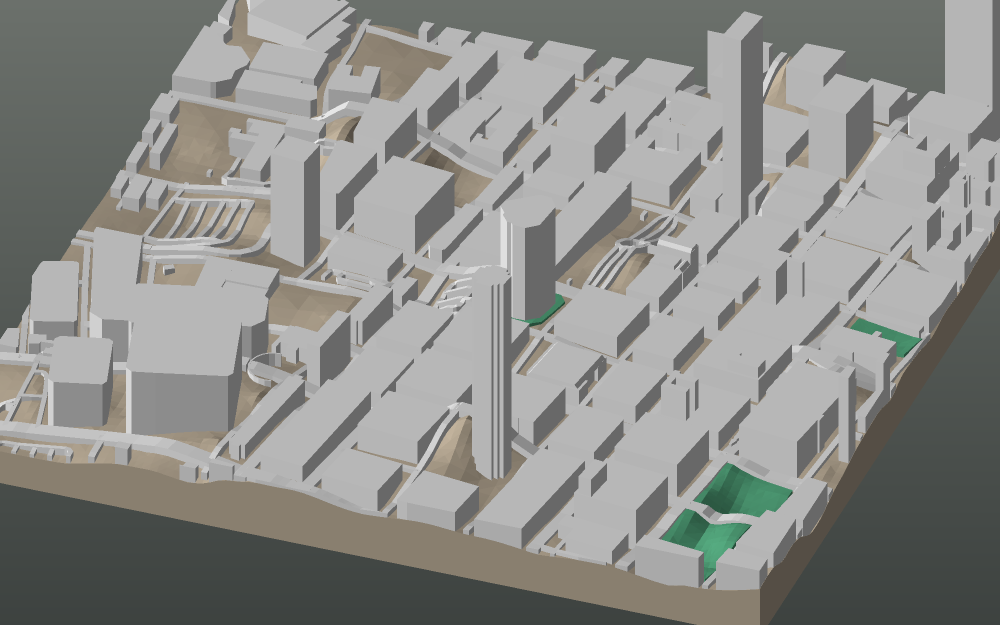 A 3D-printable model plate of Johannesburg — the CBD — with its buildings, streets, water and terrain.