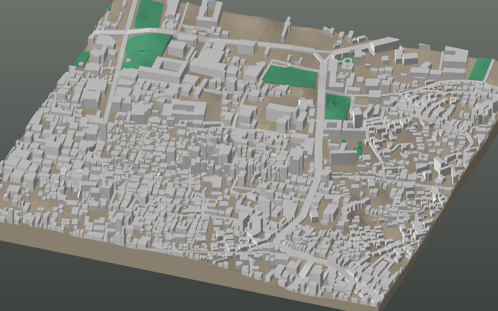 A 3D-printable model plate of Kathmandu — Thamel — with its buildings, streets, water and terrain.