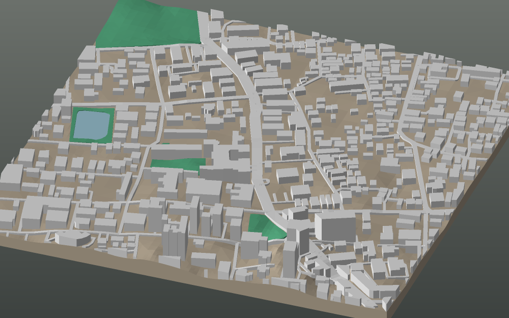 A 3D-printable model plate of Kolkata — Park Street — with its buildings, streets, water and terrain.
