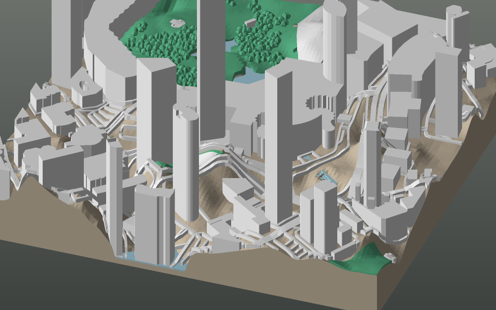 A 3D-printable model plate of Kuala Lumpur — KLCC — with its buildings, streets, water and terrain.
