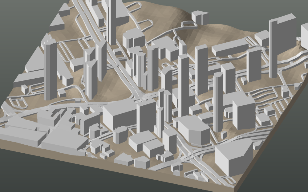 A 3D-printable model plate of Kuwait City — Sharq — with its buildings, streets, water and terrain.