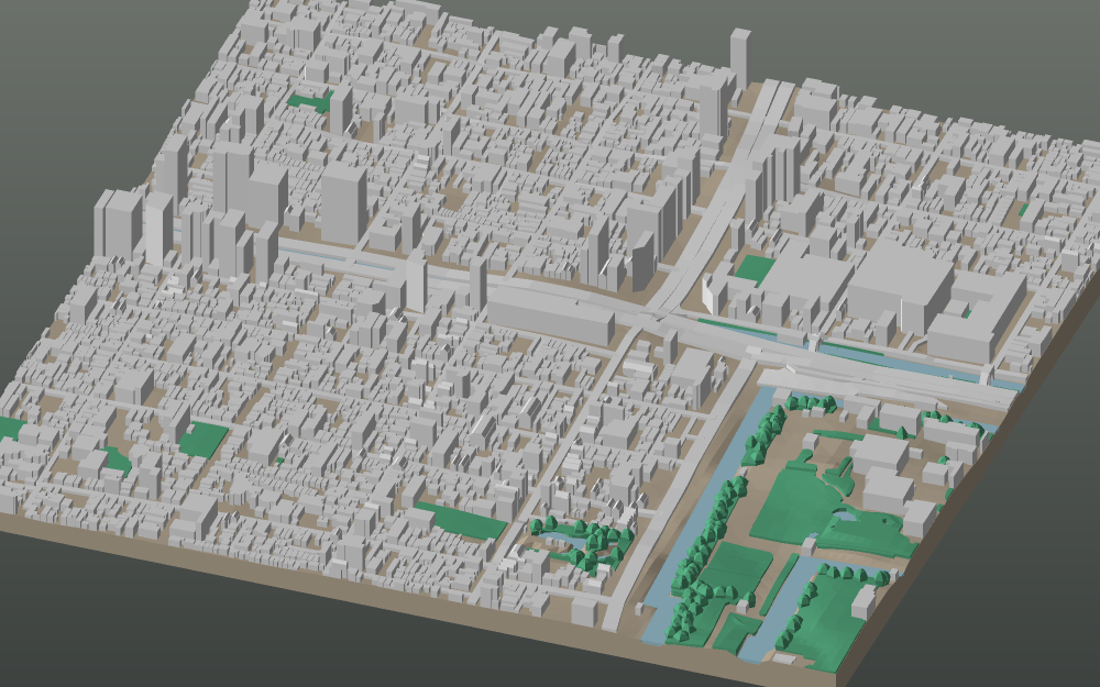 A 3D-printable model plate of Kyoto — Nakagyō — with its buildings, streets, water and terrain.