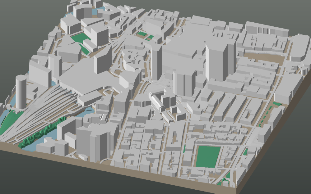 A 3D-printable model plate of Leeds — City Centre — with its buildings, streets, water and terrain.