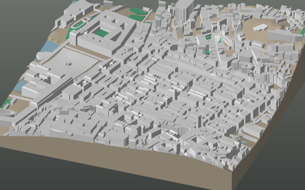 A 3D-printable model plate of Lisbon — Baixa Pombalina — with its buildings, streets, water and terrain.