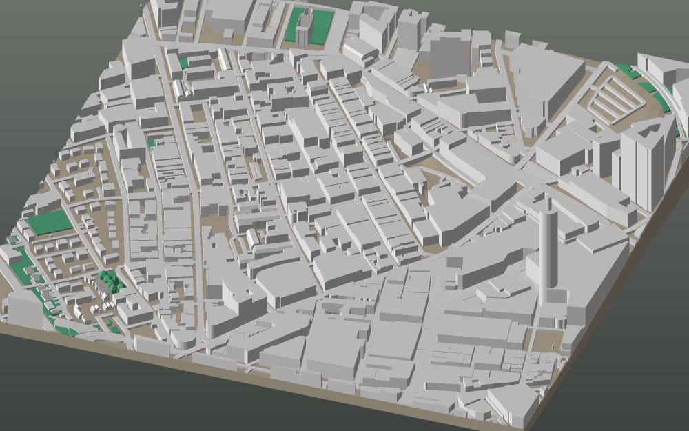 A 3D-printable model plate of Liverpool — Ropewalks — with its buildings, streets, water and terrain.