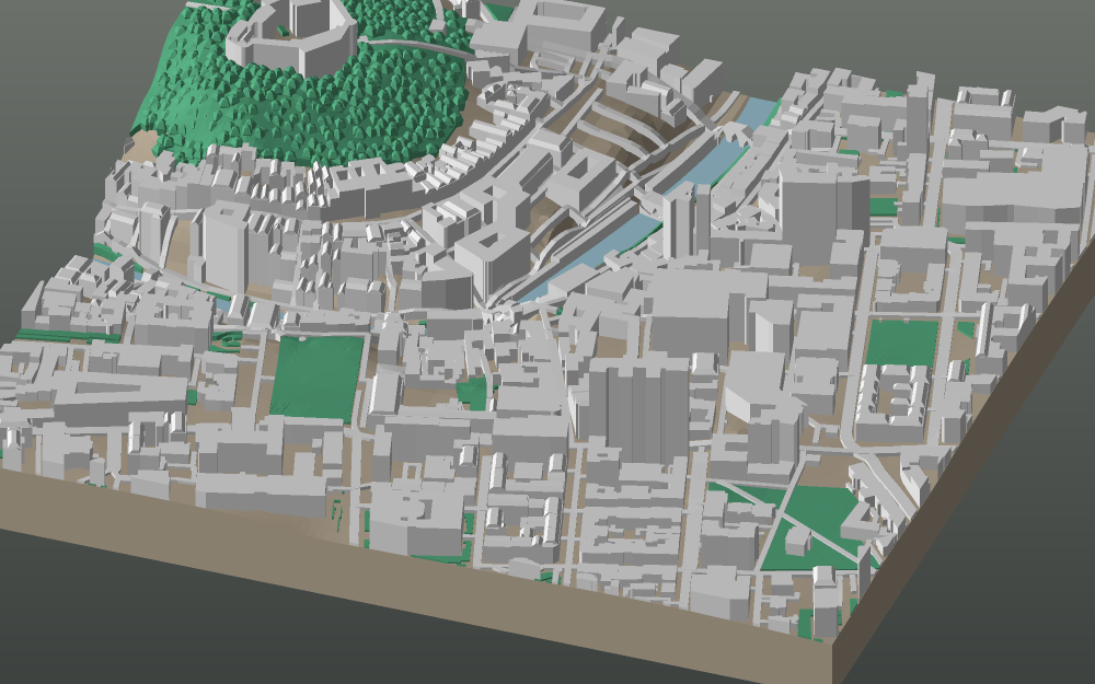 A 3D-printable model plate of Ljubljana — Center — with its buildings, streets, water and terrain.