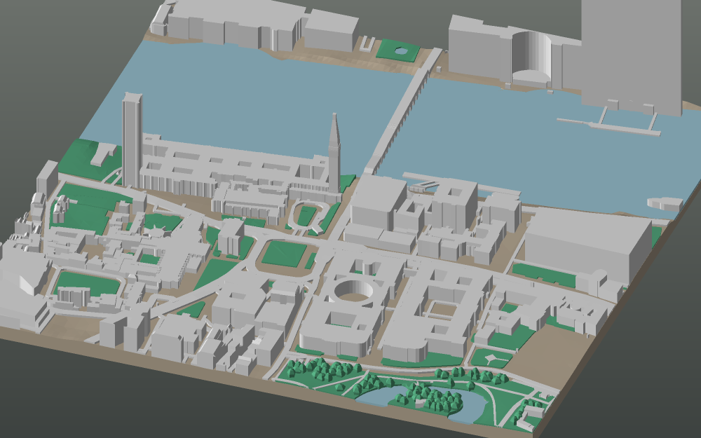 A 3D-printable model plate of London — Westminster — with its buildings, streets, water and terrain.