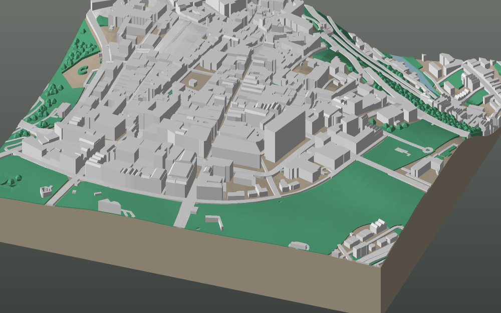 A 3D-printable model plate of Luxembourg — Ville Haute — with its buildings, streets, water and terrain.