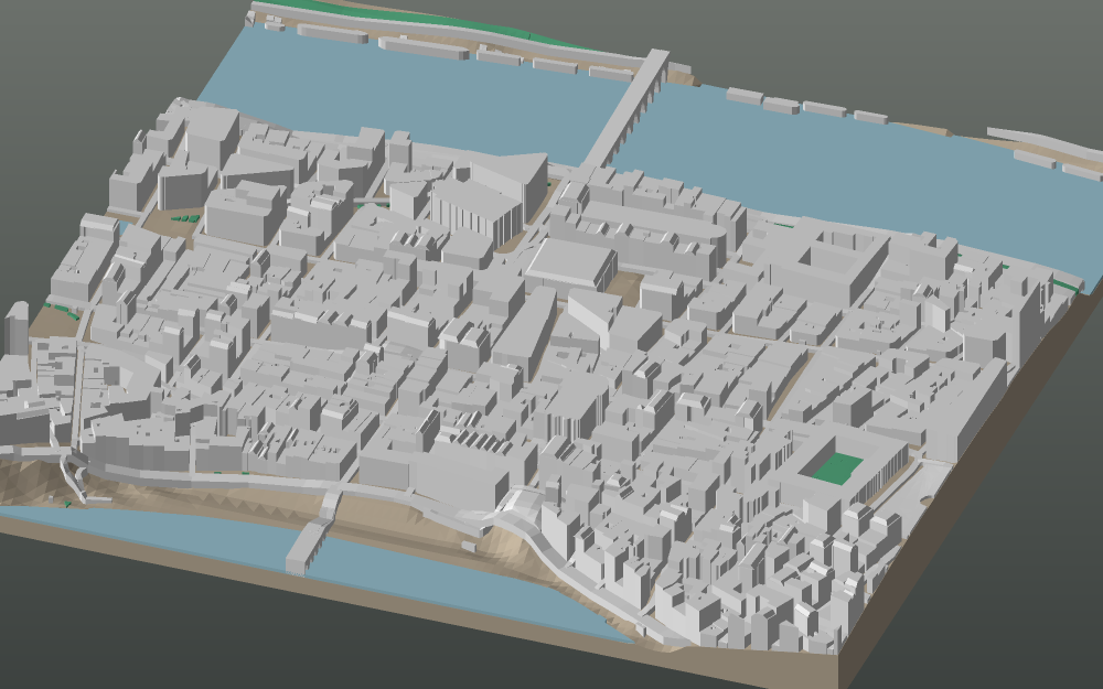 A 3D-printable model plate of Lyon — Presqu'île — with its buildings, streets, water and terrain.