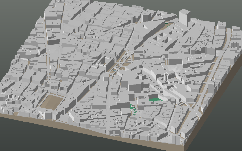 A 3D-printable model plate of Madrid — Sol, Centro — with its buildings, streets, water and terrain.