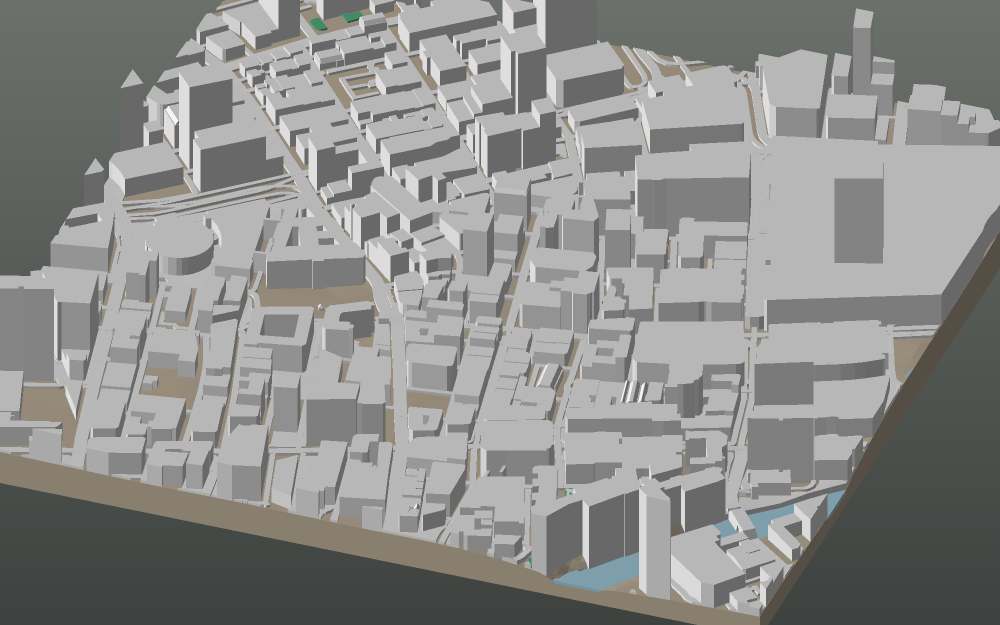 A 3D-printable model plate of Manchester — City Centre — with its buildings, streets, water and terrain.