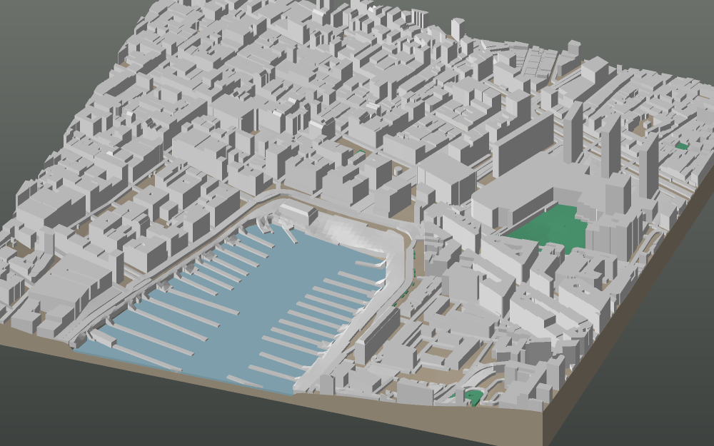 A 3D-printable model plate of Marseille — Vieux-Port — with its buildings, streets, water and terrain.