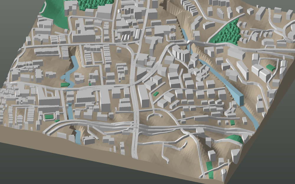A 3D-printable model plate of Medellín — El Poblado — with its buildings, streets, water and terrain.
