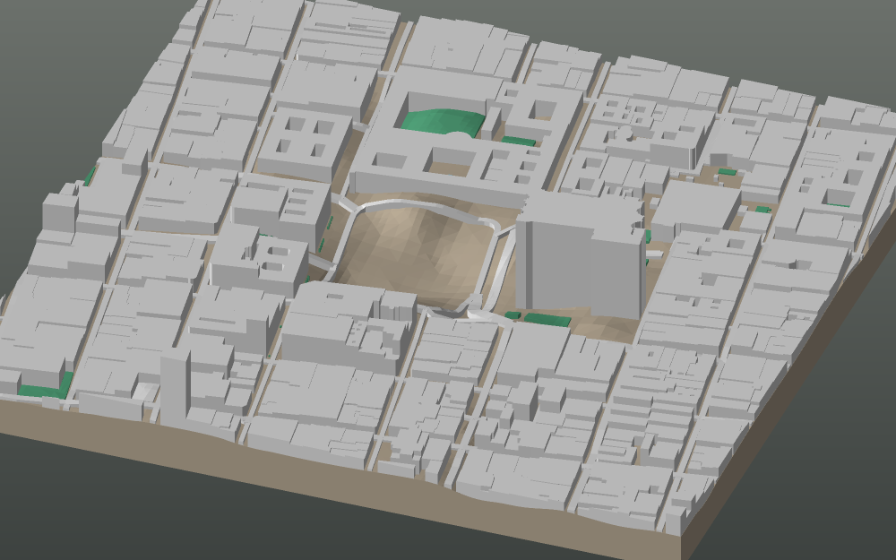 A 3D-printable model plate of Mexico City — Centro, the Zócalo — with its buildings, streets, water and terrain.