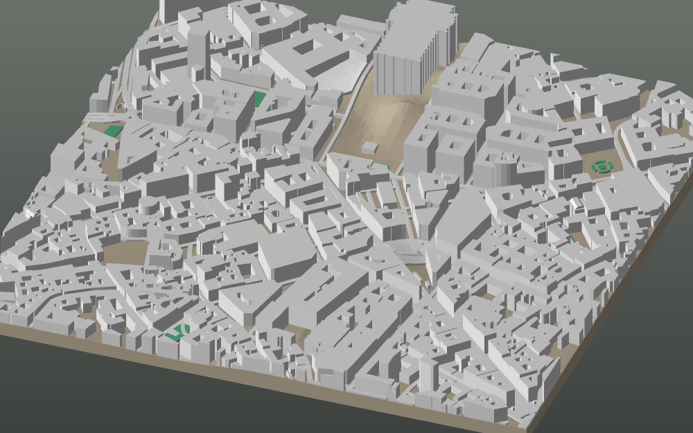 A 3D-printable model plate of Milan — Centro Storico — with its buildings, streets, water and terrain.
