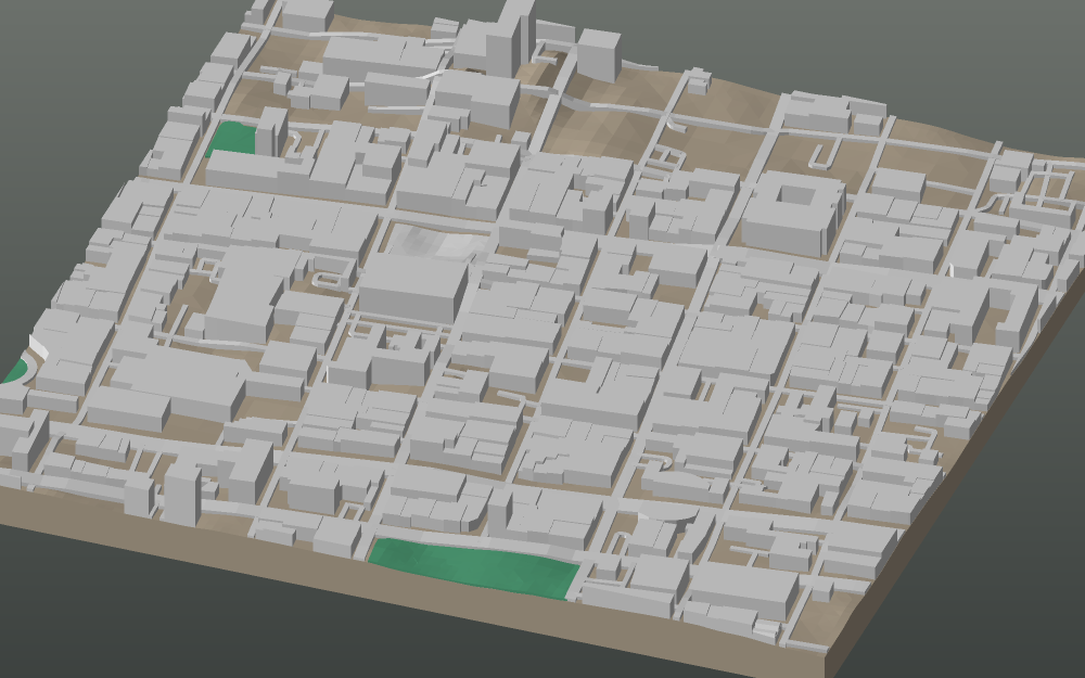 A 3D-printable model plate of Monterrey — Centro — with its buildings, streets, water and terrain.