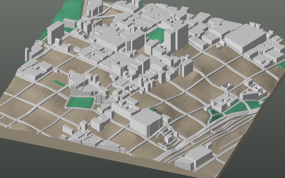 A 3D-printable model plate of Montevideo — Ciudad Vieja — with its buildings, streets, water and terrain.