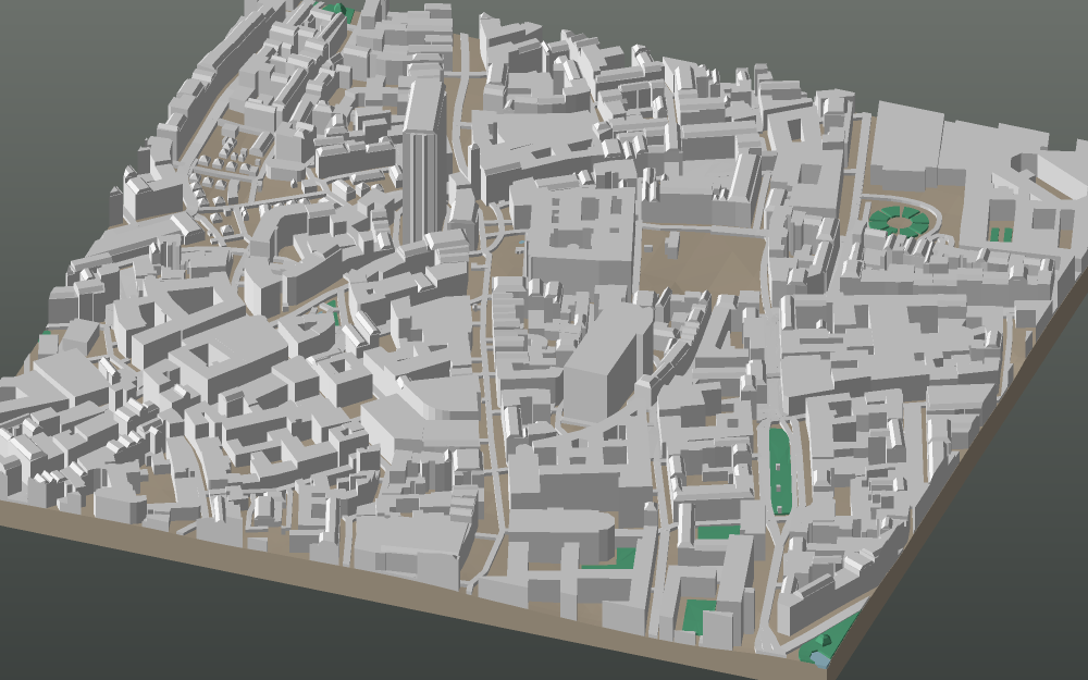 A 3D-printable model plate of Munich — Altstadt — with its buildings, streets, water and terrain.