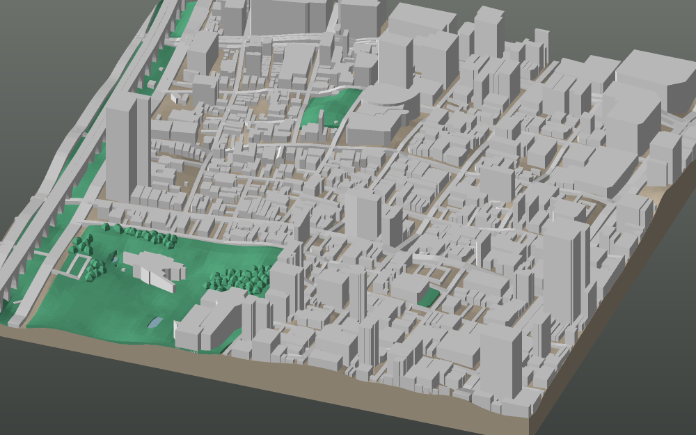 A 3D-printable model plate of Nagoya — Sakae — with its buildings, streets, water and terrain.