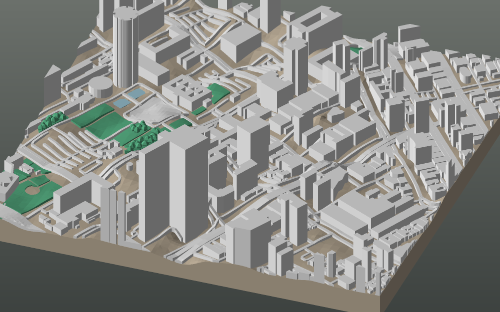 A 3D-printable model plate of Nairobi — the CBD, City Square — with its buildings, streets, water and terrain.