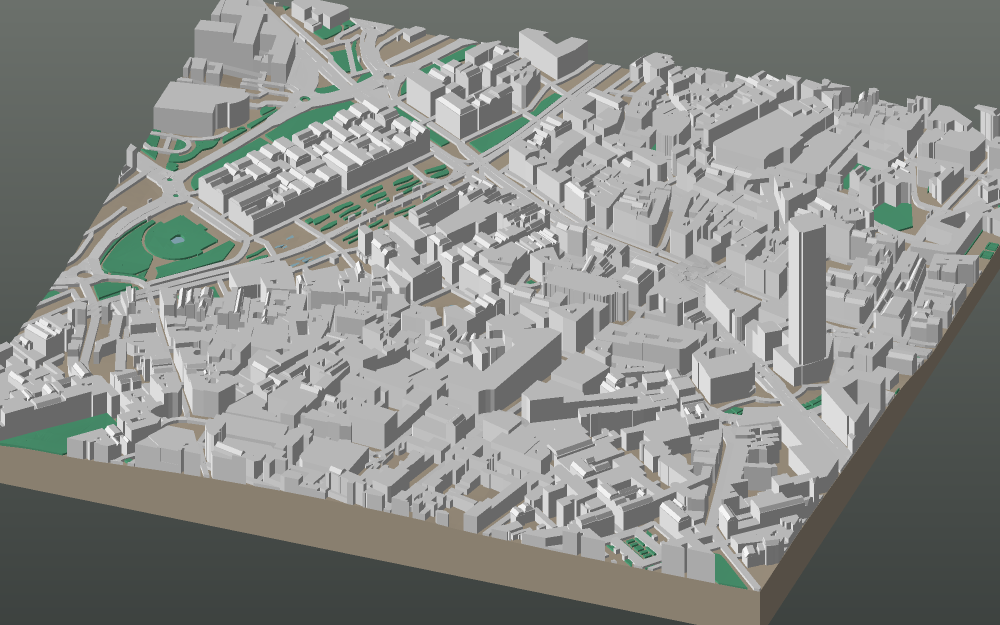 A 3D-printable model plate of Nantes — Centre Ville — with its buildings, streets, water and terrain.