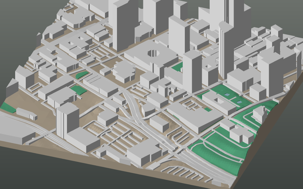 A 3D-printable model plate of Nashville — Downtown — with its buildings, streets, water and terrain.