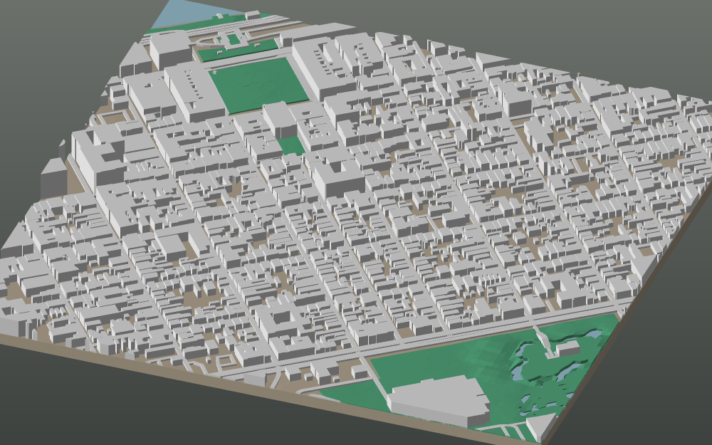 A 3D-printable model plate of New Orleans — French Quarter — with its buildings, streets, water and terrain.