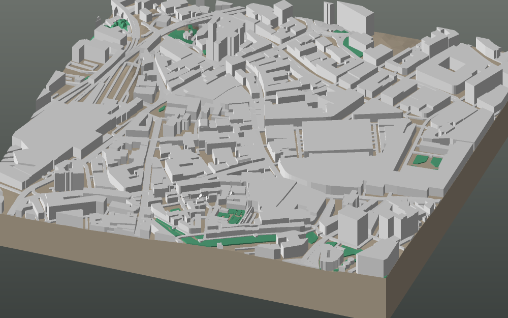 A 3D-printable model plate of Newcastle — Grainger Town — with its buildings, streets, water and terrain.