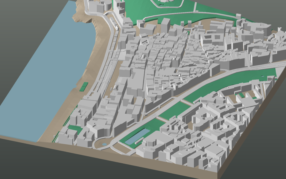 A 3D-printable model plate of Nice — Vieux Nice — with its buildings, streets, water and terrain.