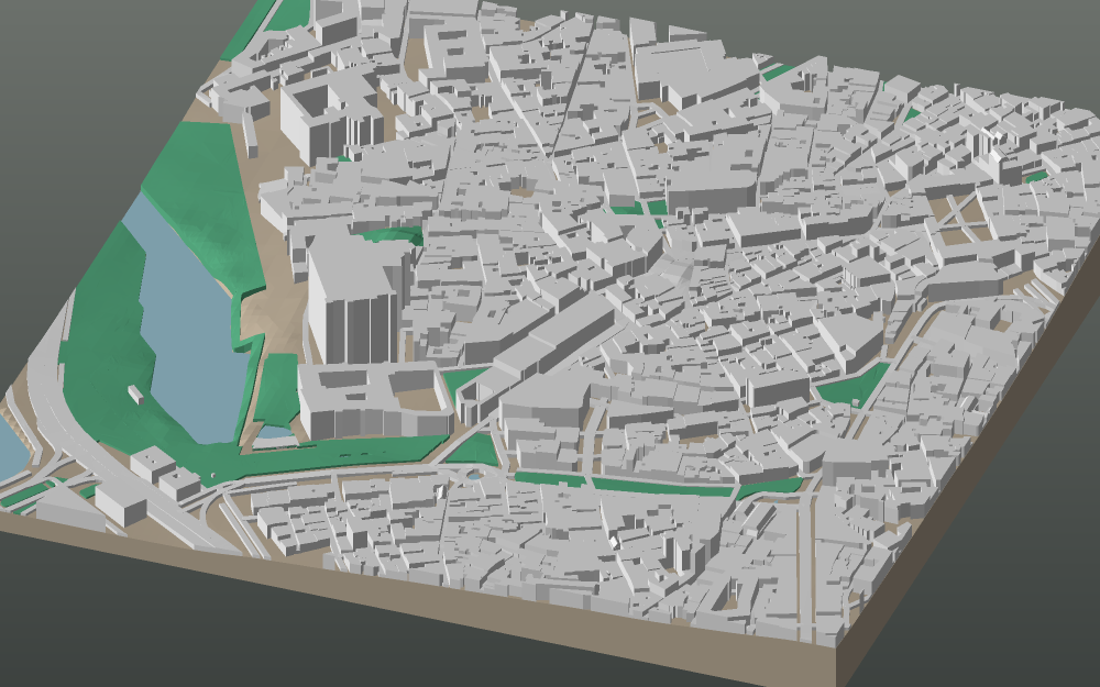 A 3D-printable model plate of Palma — Centre — with its buildings, streets, water and terrain.