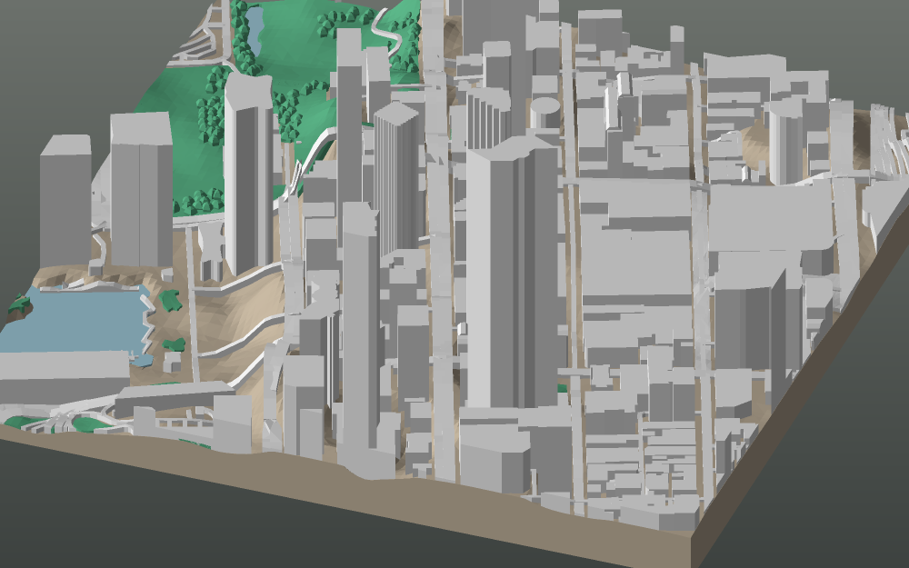 A 3D-printable model plate of Perth — the CBD — with its buildings, streets, water and terrain.