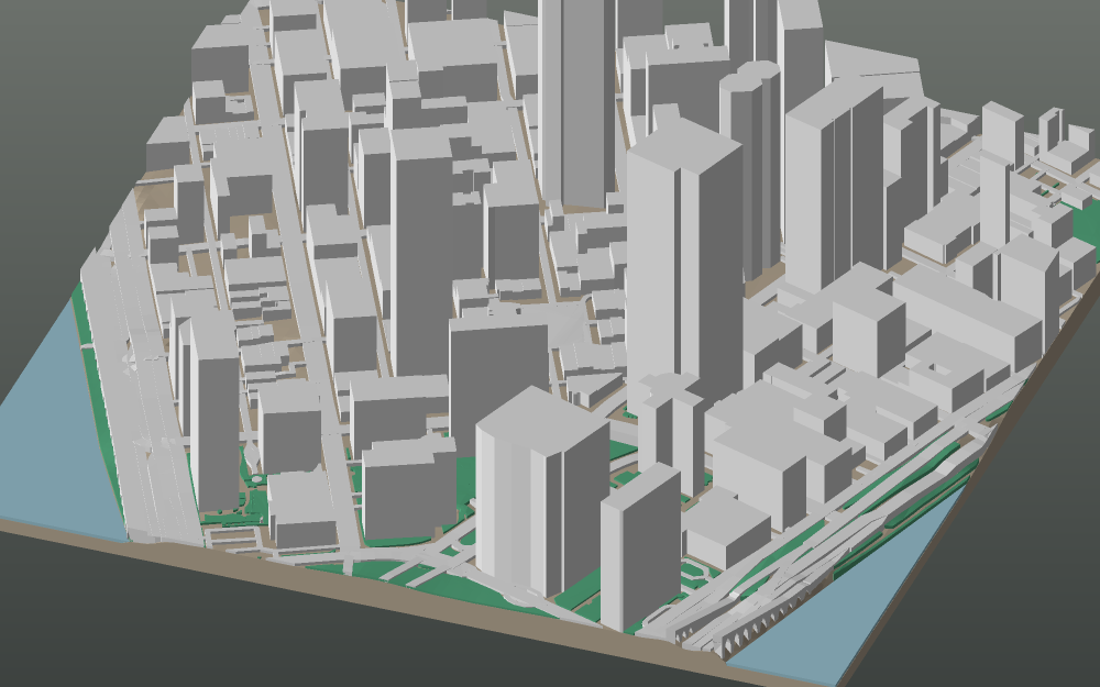 A 3D-printable model plate of Pittsburgh — Golden Triangle — with its buildings, streets, water and terrain.