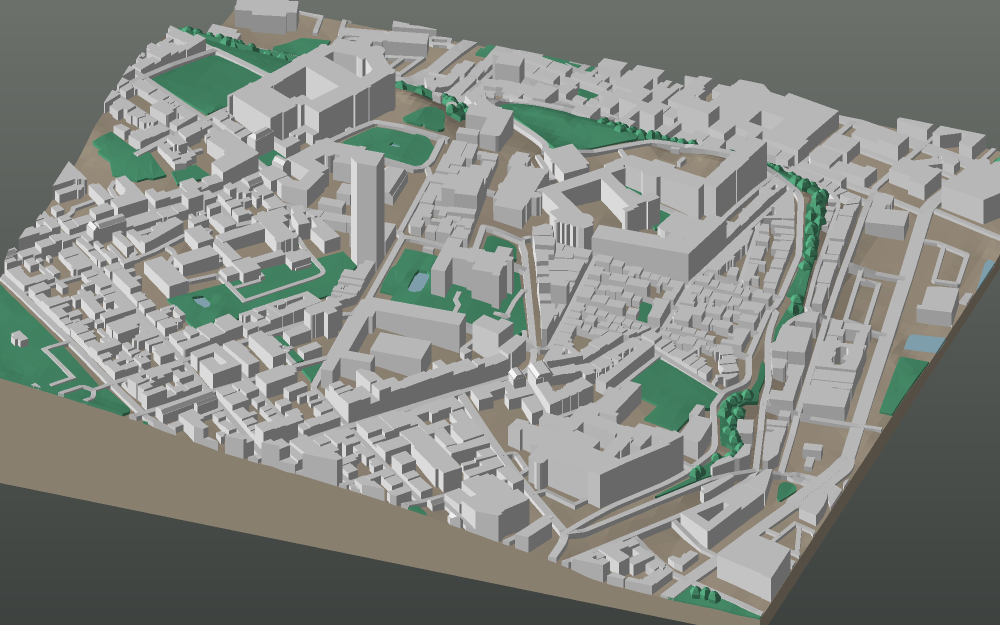 A 3D-printable model plate of Quebec City — Vieux-Québec — with its buildings, streets, water and terrain.
