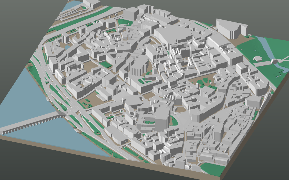 A 3D-printable model plate of Riga — Vecrīga — with its buildings, streets, water and terrain.