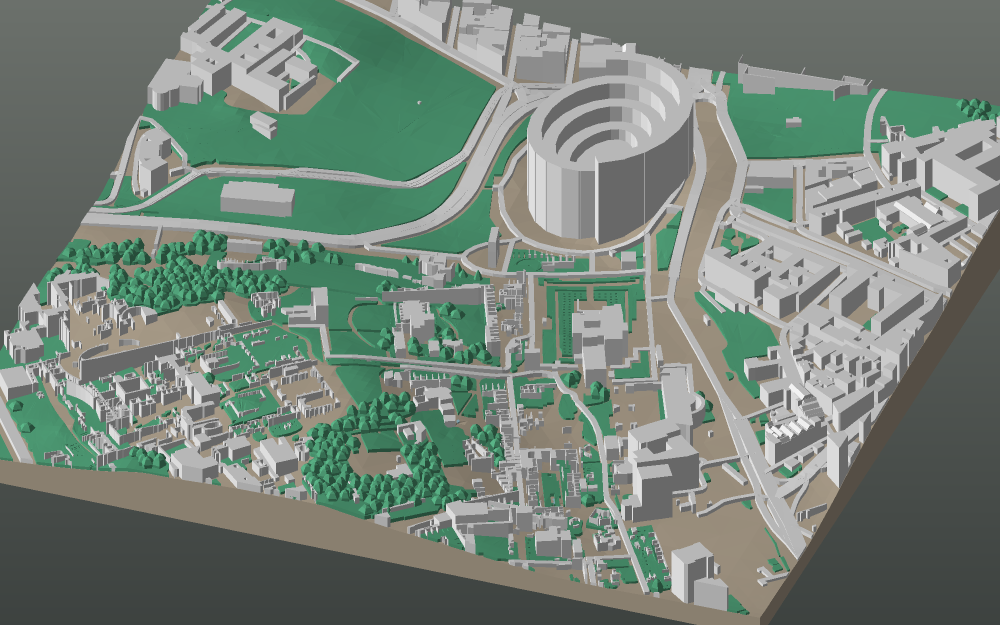 A 3D-printable model plate of Rome — Municipio I, the Colosseum — with its buildings, streets, water and terrain.