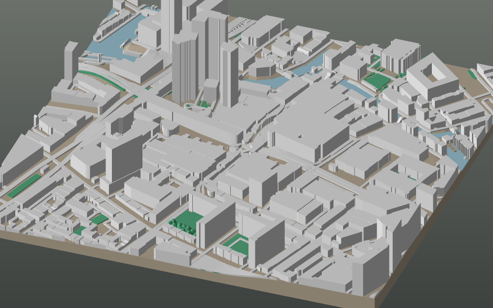 A 3D-printable model plate of Rotterdam — Centrum — with its buildings, streets, water and terrain.
