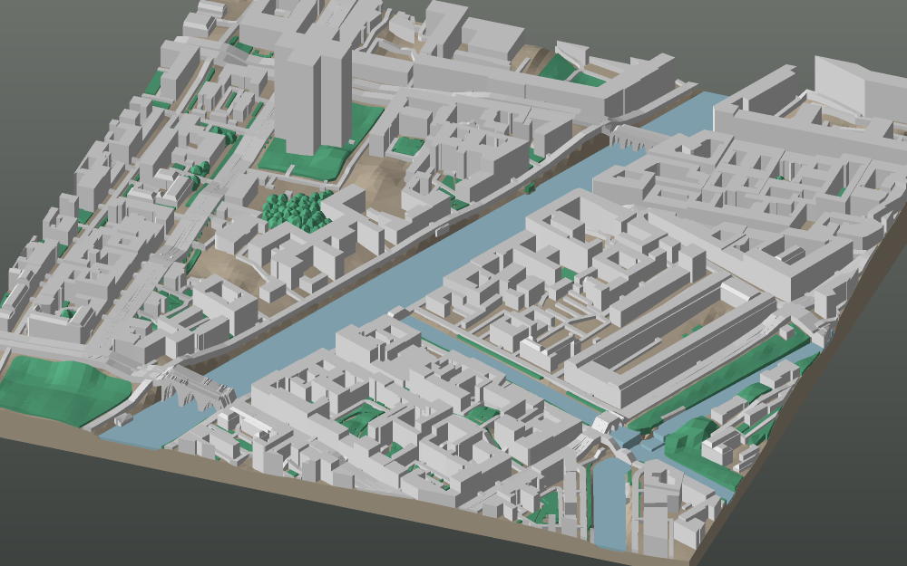 A 3D-printable model plate of Saint Petersburg — Admiralteysky — with its buildings, streets, water and terrain.