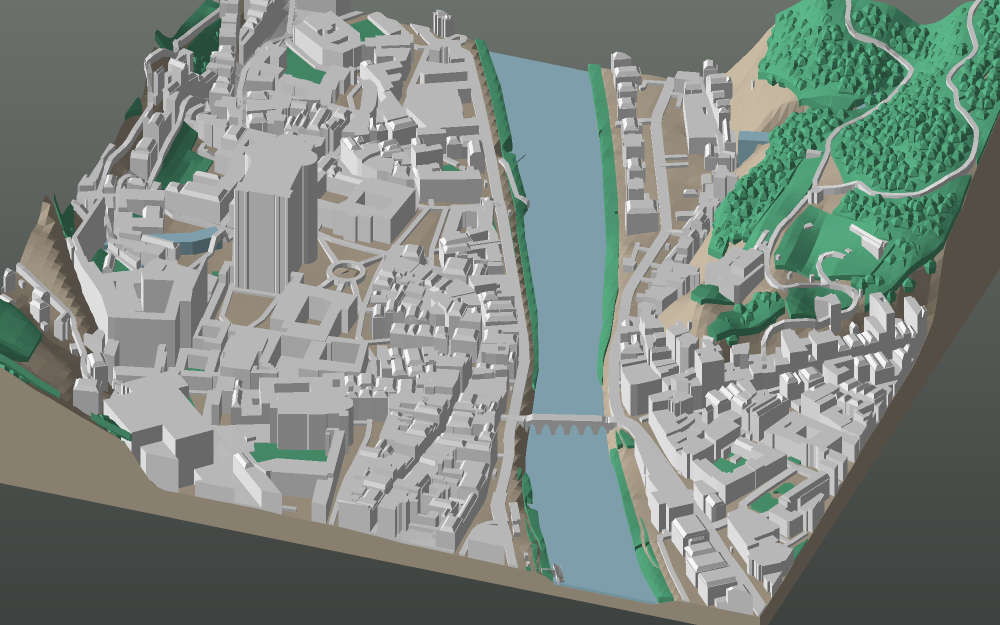 A 3D-printable model plate of Salzburg — Altstadt — with its buildings, streets, water and terrain.