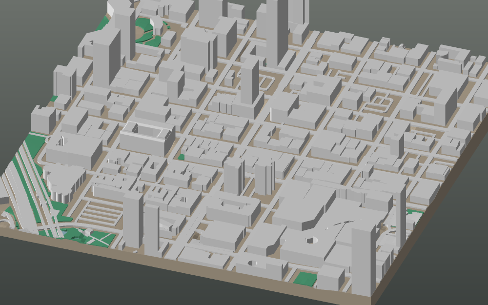 A 3D-printable model plate of San Diego — Gaslamp Quarter — with its buildings, streets, water and terrain.