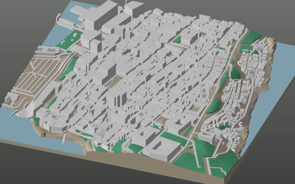 A 3D-printable model plate of San Juan — Old San Juan — with its buildings, streets, water and terrain.