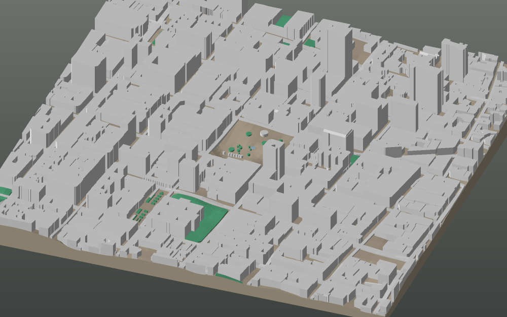 A 3D-printable model plate of Santiago — Centro — with its buildings, streets, water and terrain.