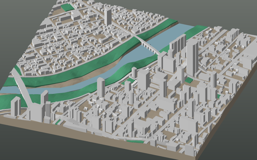 A 3D-printable model plate of Sapporo — Chūō — with its buildings, streets, water and terrain.