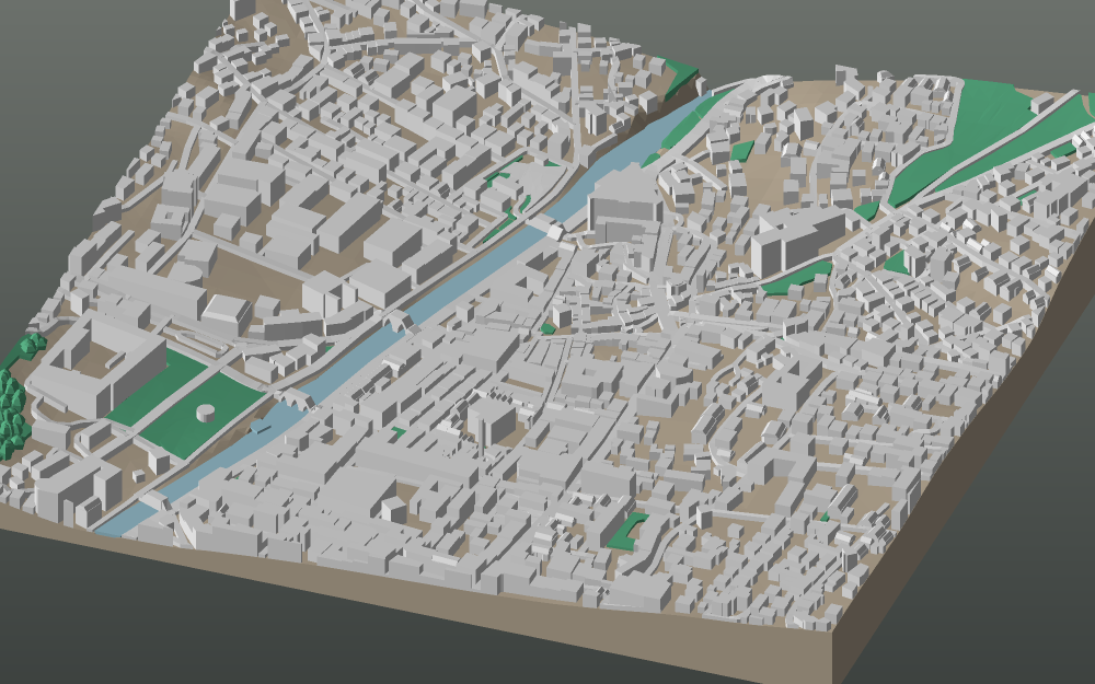 A 3D-printable model plate of Sarajevo — Baščaršija — with its buildings, streets, water and terrain.